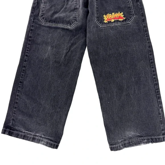 Vintage 90s JNCO Flame Jeans Black 28" Waist Baggy Wide Leg Crush City - Picture 6 of 15